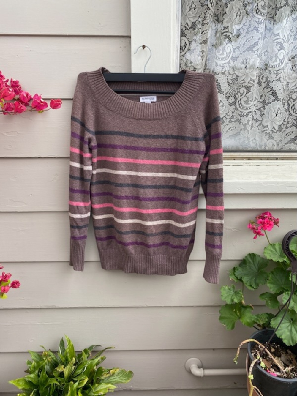 St. John's Bay Taupe Striped Crewneck Sweater with Pink & Purple Accents